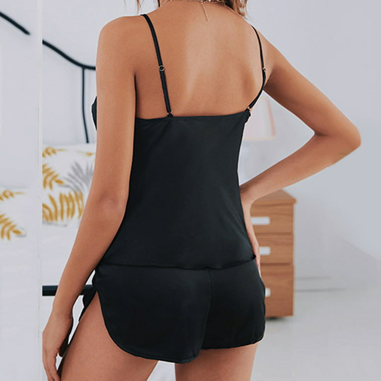 New Home Suit Satin Camisole Pajamas Women's Summer Shorts Thin Two Piece  Set Women Pajama Sets Black L