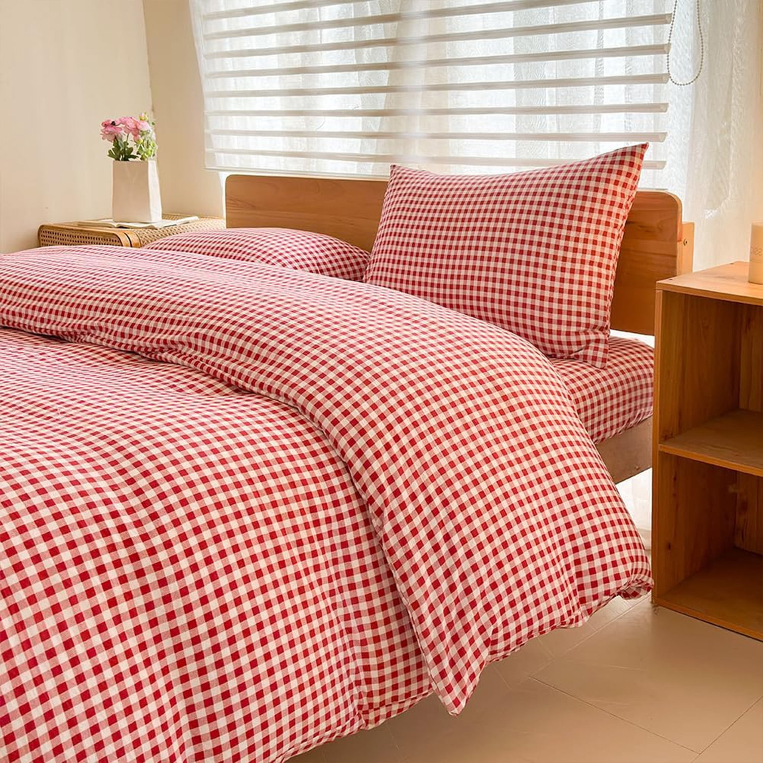 Red Gingham Twin Duvet Cover Set, Red Plaid Comforter Cover Set, 2 Pieces Checked Bedding Set (Red Gingham, Twin)