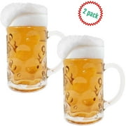 One Liter German Style Extra Large Oktoberfest Dimpled Glass Beer Stein Mug - Jumbo 34oz 2 Pack
