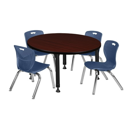 UPC: 0192357039342 | Regency Kee 42  Round Height Adjustable Classroom Table – Mahogany & 4 Andy 12-in Stack Chairs- Navy Blue