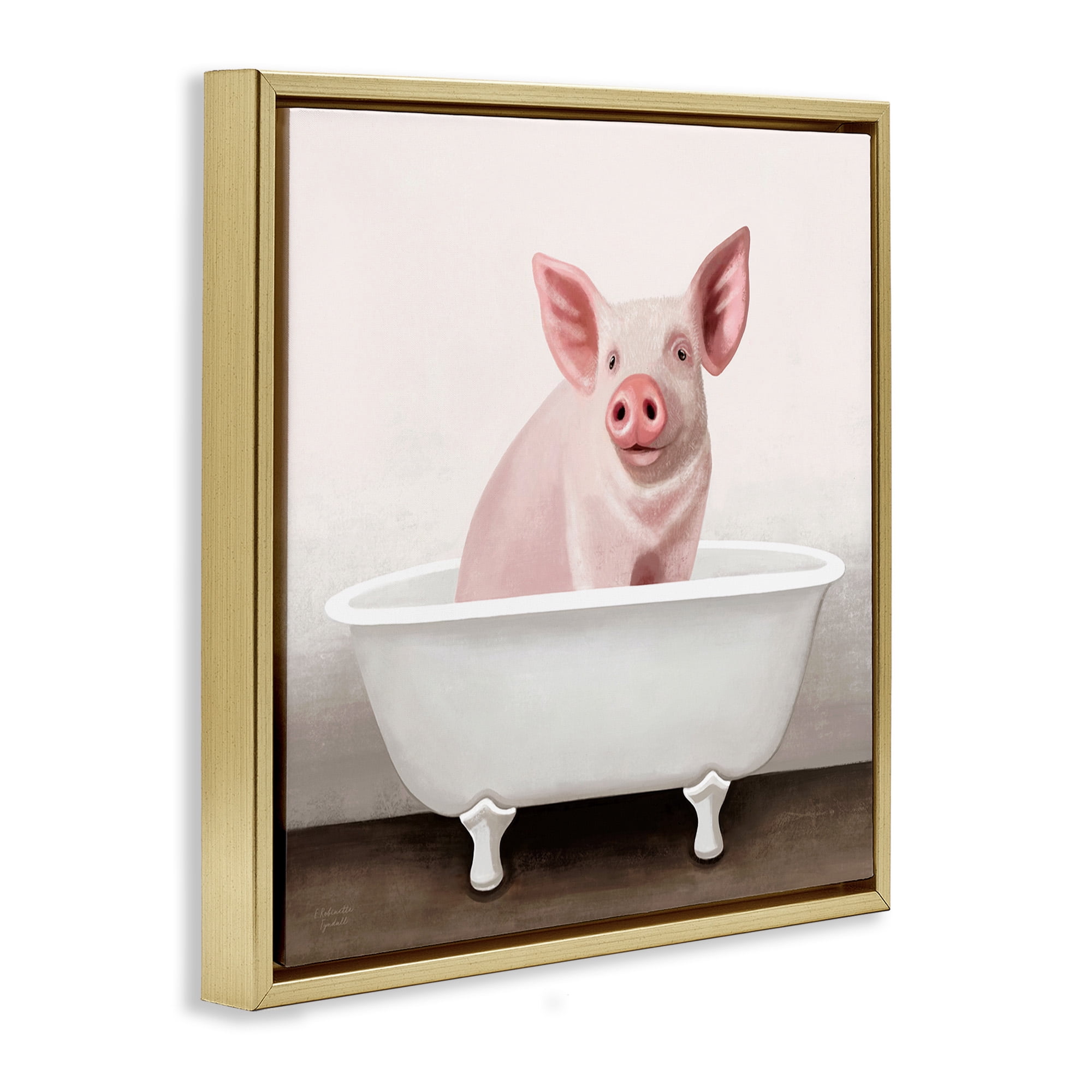 Stupell Industries Pink Farm Pig in Country Bath Tub Animals & Insects Painting Gold Floater Framed Canvas Art Print Wall Art, 18 x 18