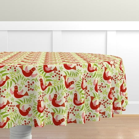

Cotton Sateen Tablecloth 70 Round - Birds Berries Blooms Holiday Flowers Leaves Funky Retro Christmas Print Custom Table Linens by Spoonflower