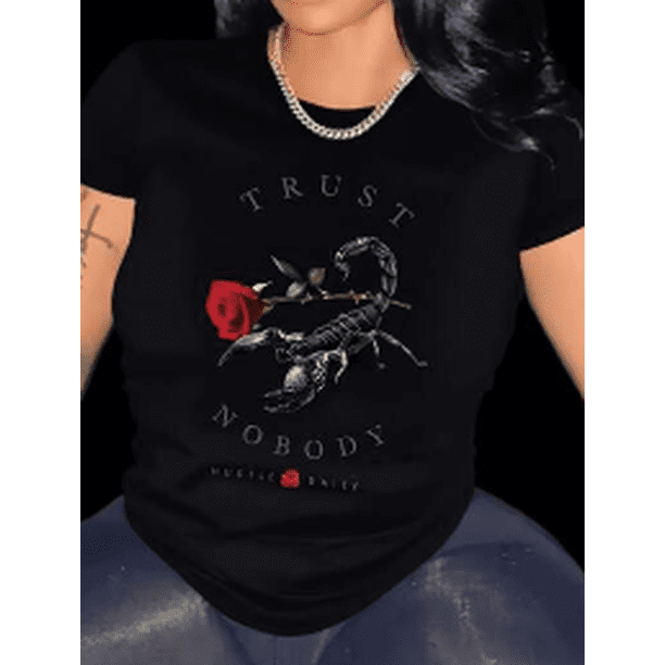 Scorpion & Rose Graphic Print T-Shirt, Casual Crew Neck, Knit Fabric, Regular Length, with Trust Nobody Lettering, for Women'S Fashion Tee, all-Season Wear Tee For adult, Men, Women, Teen, Teenager,