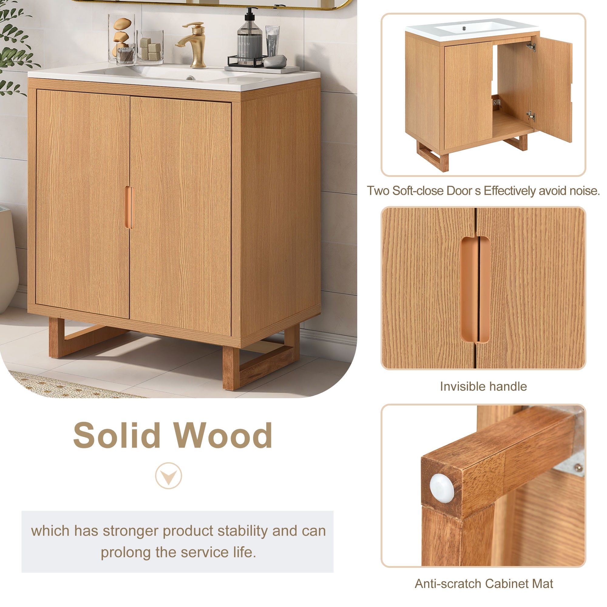 Euroco 30" Bathroom vanity Set with Sink, Combo Cabinet, Bathroom Storage Cabinet, Solid Wood Frame