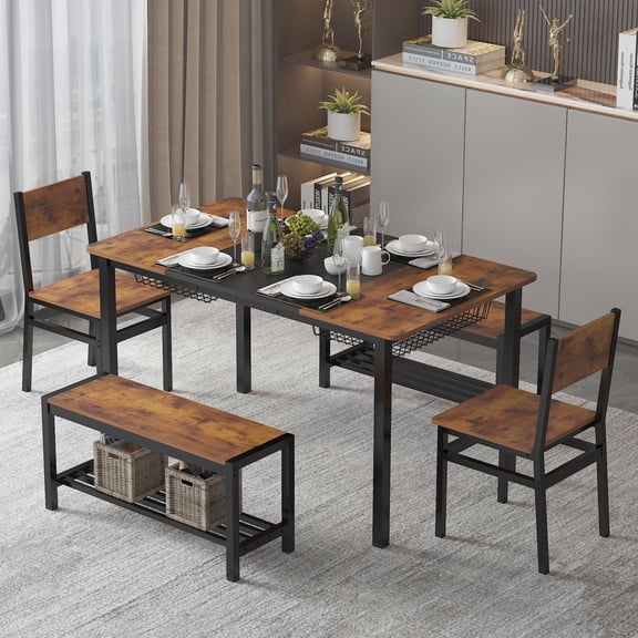 NAIYUFA Dining 5 Pieces Table Set,One Large Table ,2 chairs and 2 Benches for 4-6 people,Wood Brown Sets with Storage Rack