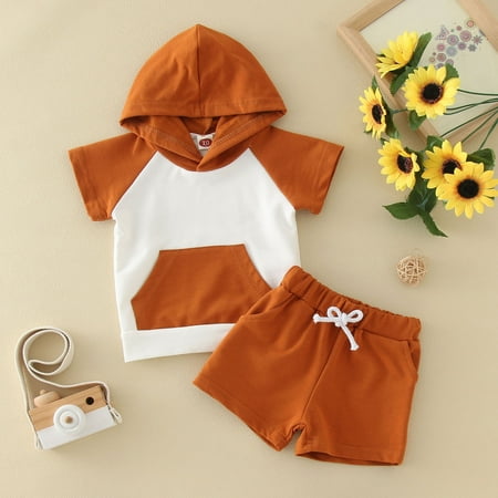 

nsendm Kids Toddler Baby Boys Short Sleeve Hooded T Shirt Tops Solid Shorts Pants Outfit Set Baby Registry Name Childrenscostume Brown 12-18 Months