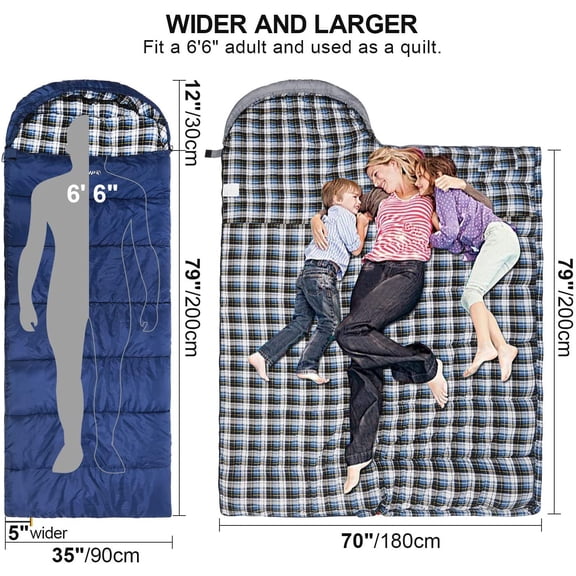 Flannel Sleeping Bag for Adults, Comfortable Cotton Sleeping Bags for Camping with Detachable Hood, Red/Grey/Blue