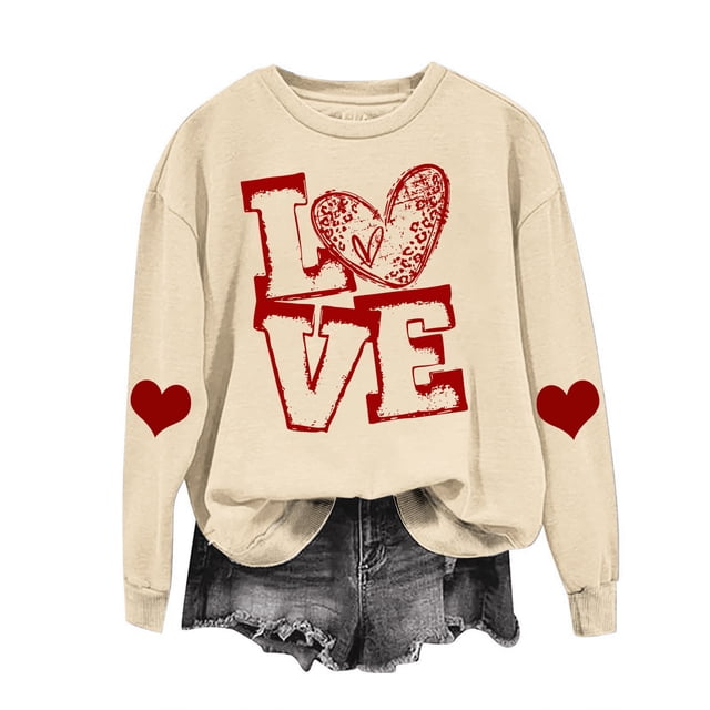 RKSTN Chandail de la Saint-Valentin pour Femmes avec Cœur Imprimé, Chandail Uni à Col Rond, Manches Longues, Coupe Ample