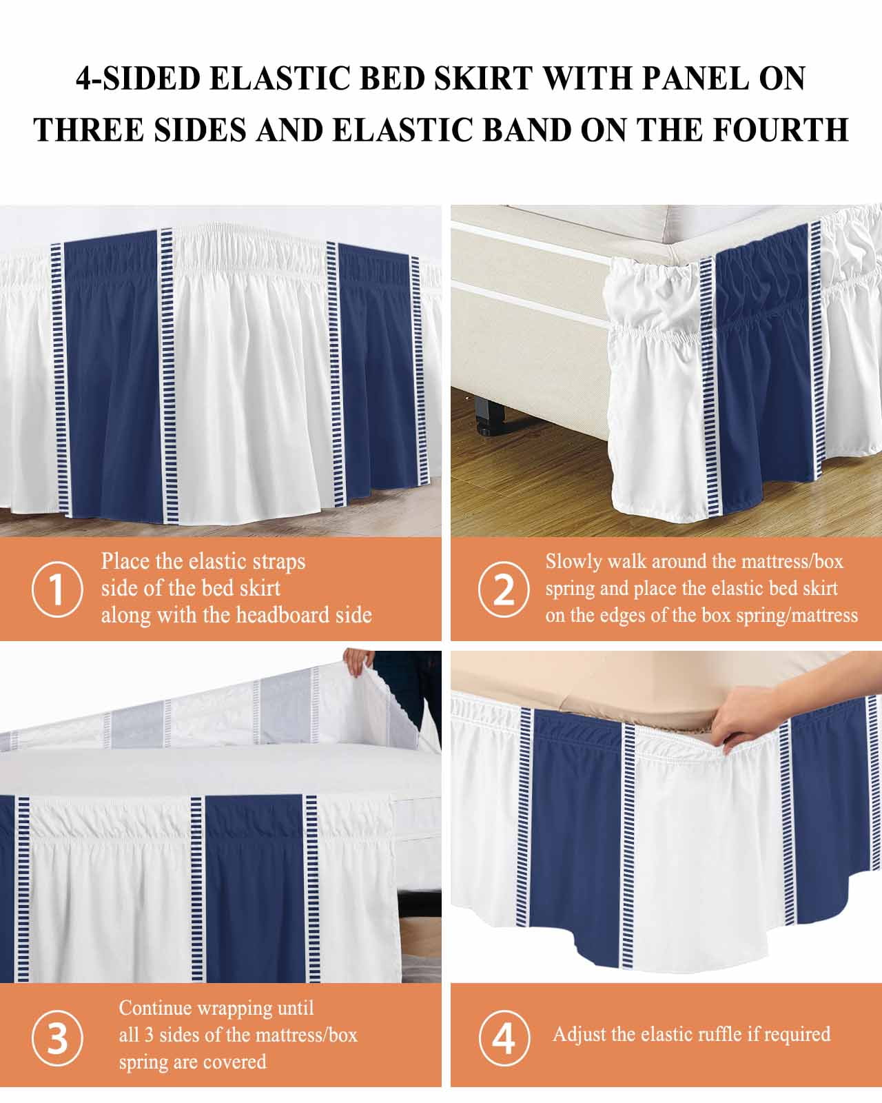 Navy Blue Bed Skirt King Size 16&nbsp;Inch Drop, Stripes Solid Color Wrap Around Dust Ruffle Bedskirts, Wrinkle & Fade Resistant Easy Fit Bedskirt with Adjustable Elastic