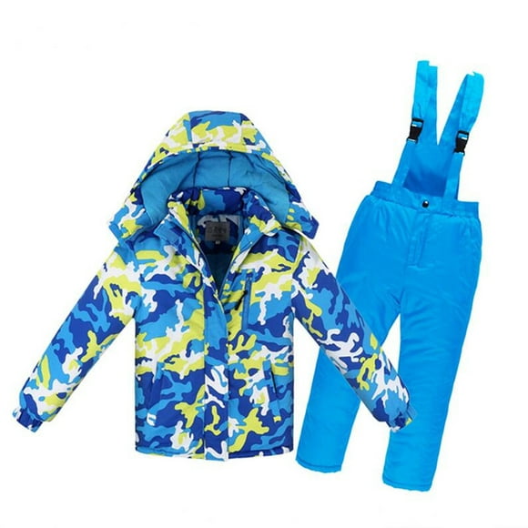 Boys/Girls Ski Suit Waterproof Pants+Jacket Set Winter Sports Thickened Clothes Color:Blue and yellow camouflage Size:4A (height 110cm)