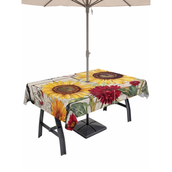 Red Yellow Sunflowers Outdoor Tablecloth - 60x102 Inch Rectangle Dining Table Cover, Retro Rustic Barn Doors Butterfly Brown Waterproof Outdoor Table Cloth with Umbrella Hole & Zipper for Patio
