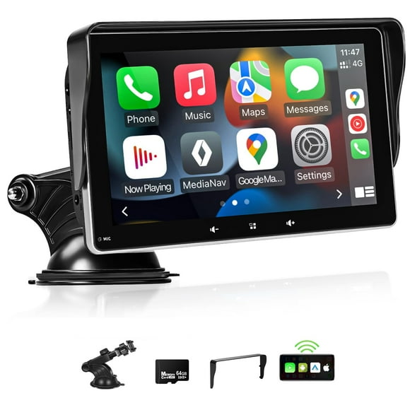 Pantalla Apple Carplay para automóvil, Carplay inalámbrico de 7" y estéreo para automóvil Android, pantalla táctil portátil con Mirror Link/navegación GPS/AUX/control de voz/Bluetooth para todos los v