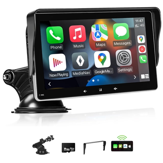 Pantalla Apple Carplay para automóvil, Carplay inalámbrico de 7" y estéreo para automóvil Android, pantalla táctil portátil con Mirror Link/navegación GPS/AUX/control de voz/Bluetooth para todos los v