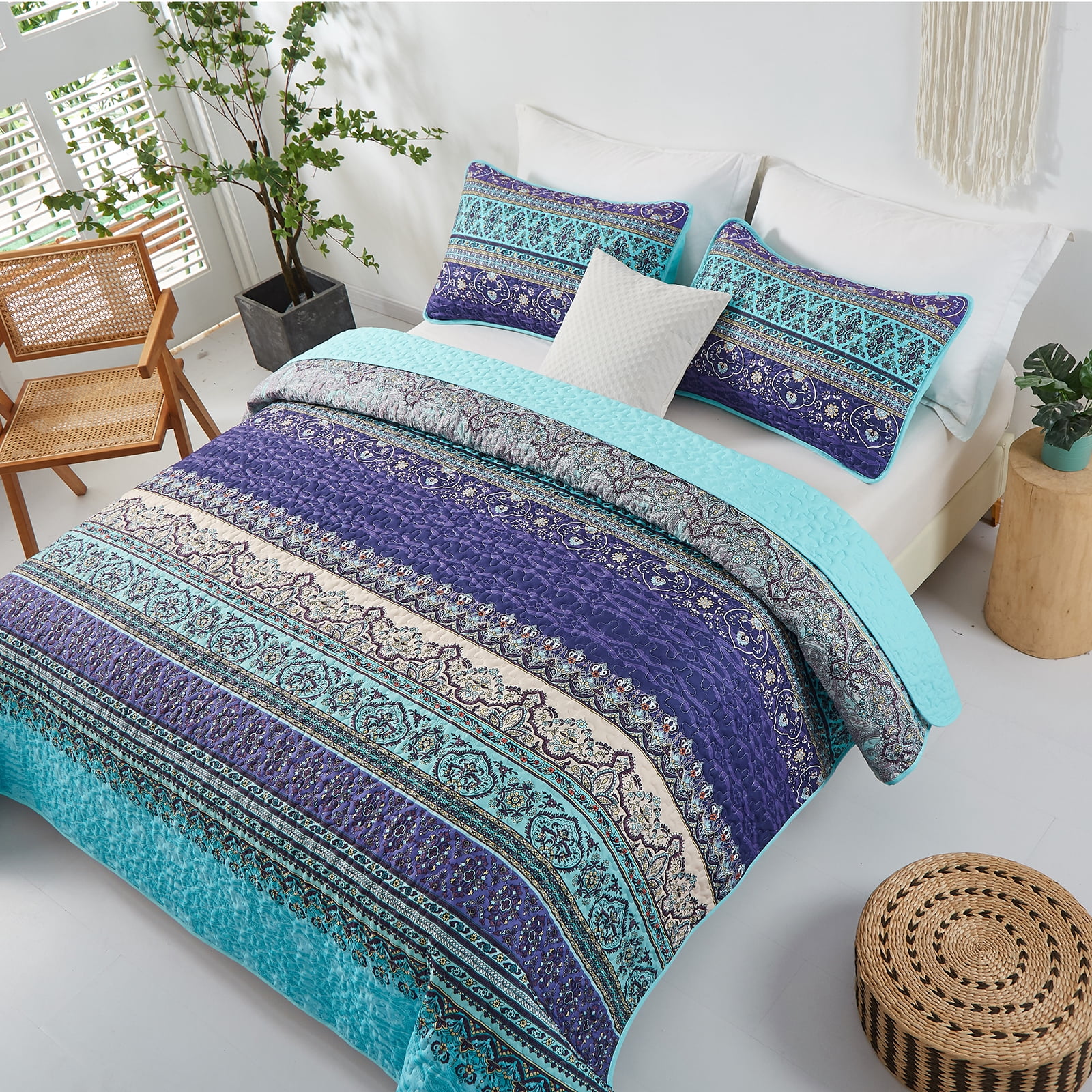 Dintszyayue Bohemian Quilt Set King Blue,3Pcs Stripe Boho Bedspread Lightweight Adult(90"x110")