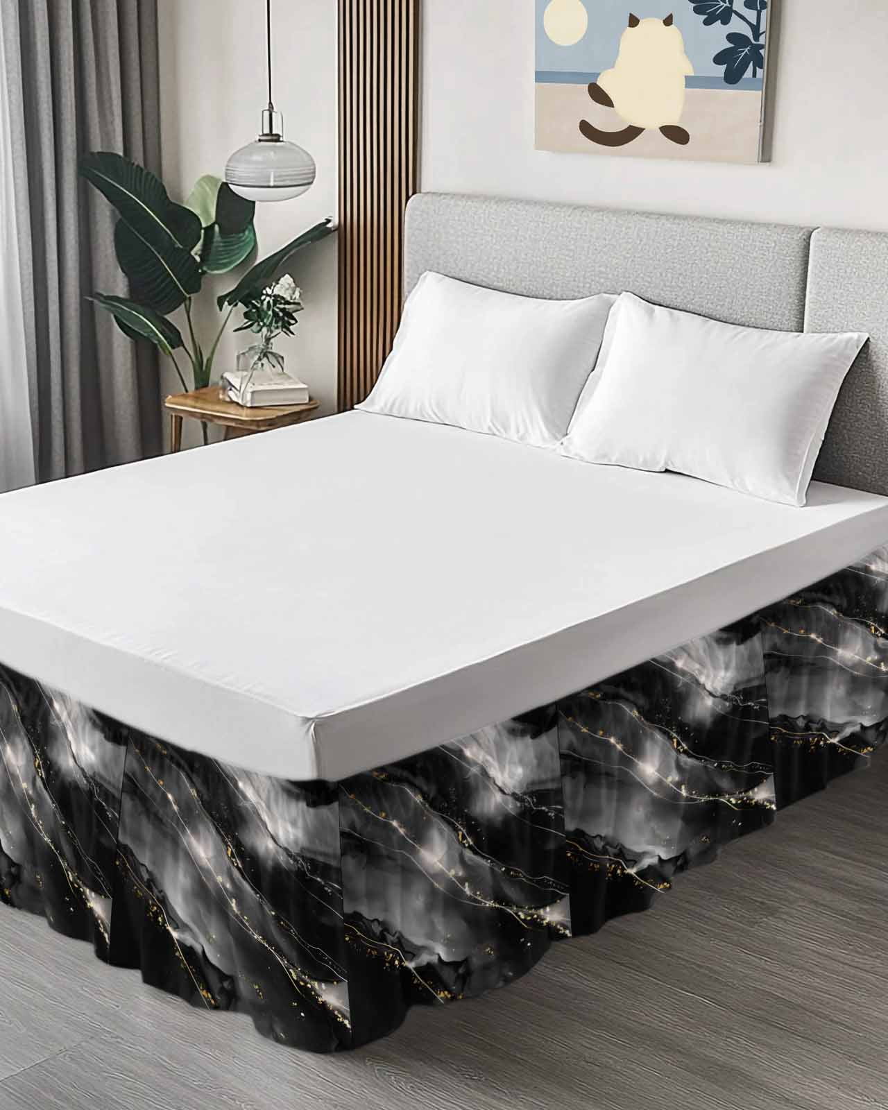 Blake Gray Marble Wrap Around Bed Skirts for Queen Bed 16" Drop,Bed Skirt with Adjustable Elastic Belt Dust Ruffle Bed Valance for Bedroom Hotel Modern Abstract Art Marble Crack Bed Frame Cover