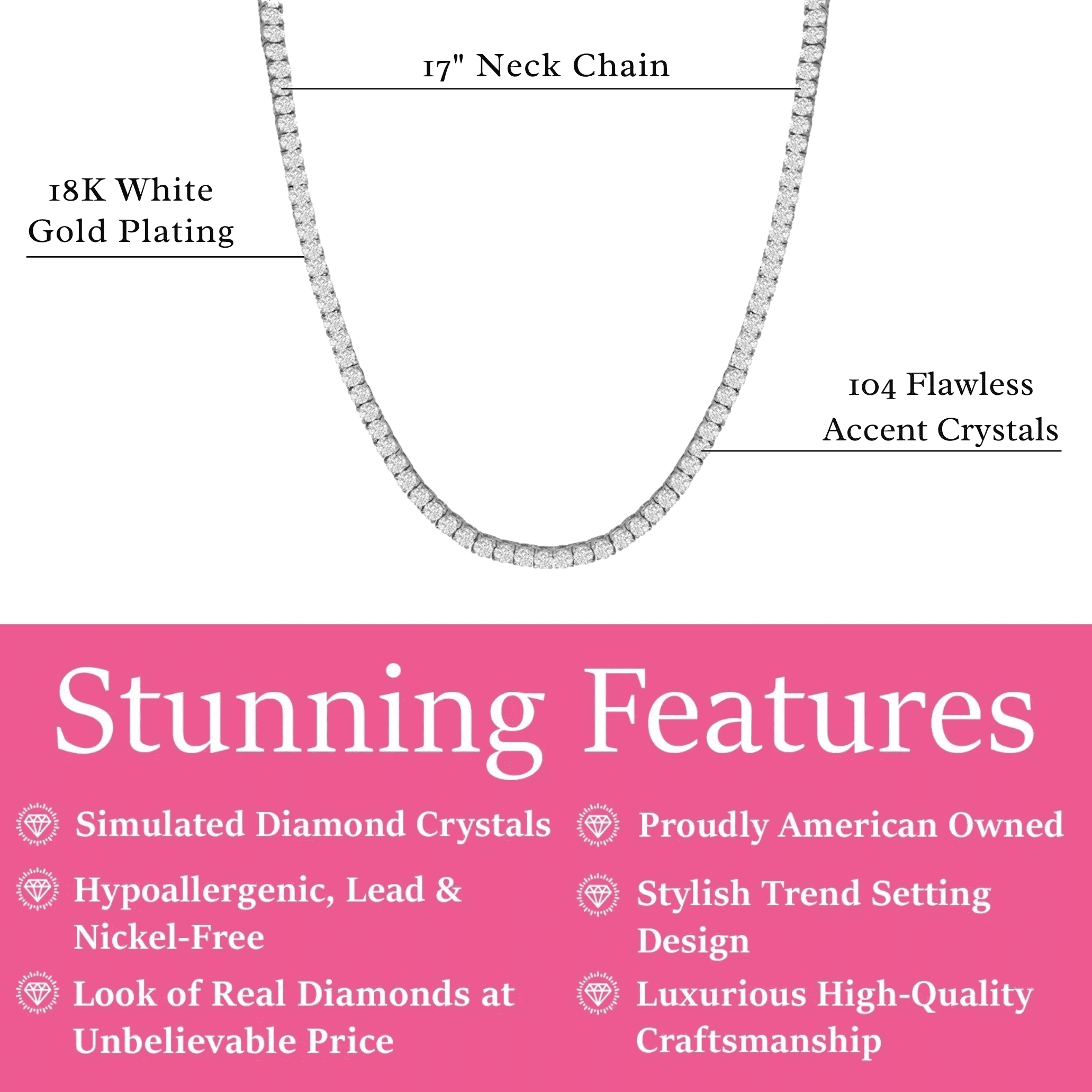 Cate & Chloe Olivia 18k White Gold Plated Tennis Necklace with Simulated Diamond Crystals for Women