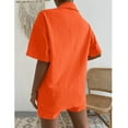 thumbnail image 3 of Virmaxy Womens Stylish Outfit 2 Piece Set Summer Cotton Linen Solid Color Two-Piece Suit (Short Sleeve + Shorts) Fashion Summer Solid V-Neck Button Casual Short Sleeve Top+ Pant Set Orange L, 3 of 7