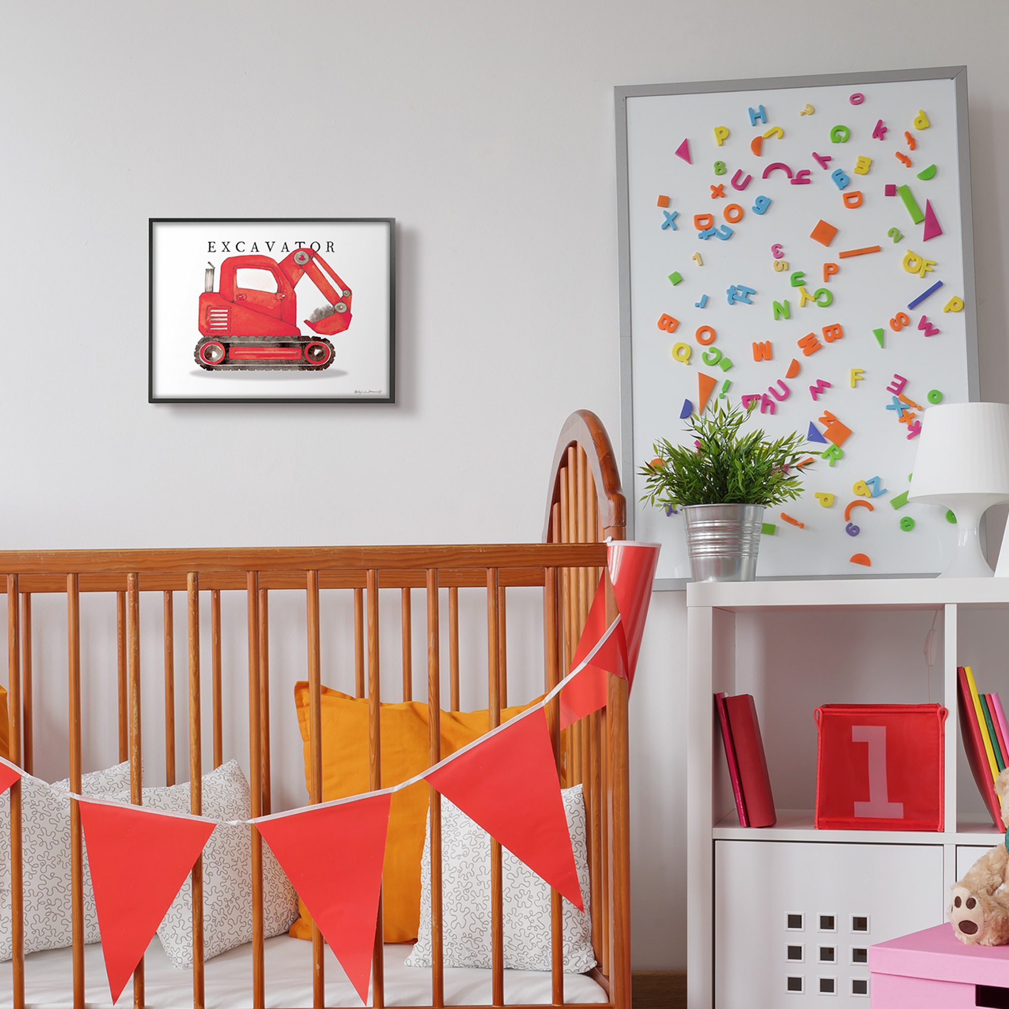 Stupell Industries Red Excavator Truck Traditional Construction Vehicle Transportation Painting Black Framed Art Print Wall Art, 11 x 14