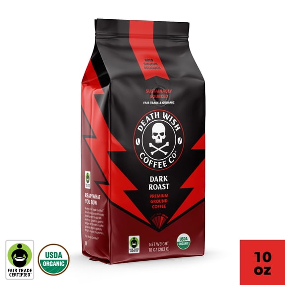 Death Wish Coffee Co., Organic and Fair Trade™, Ground Coffee, Dark Roast, 10 oz