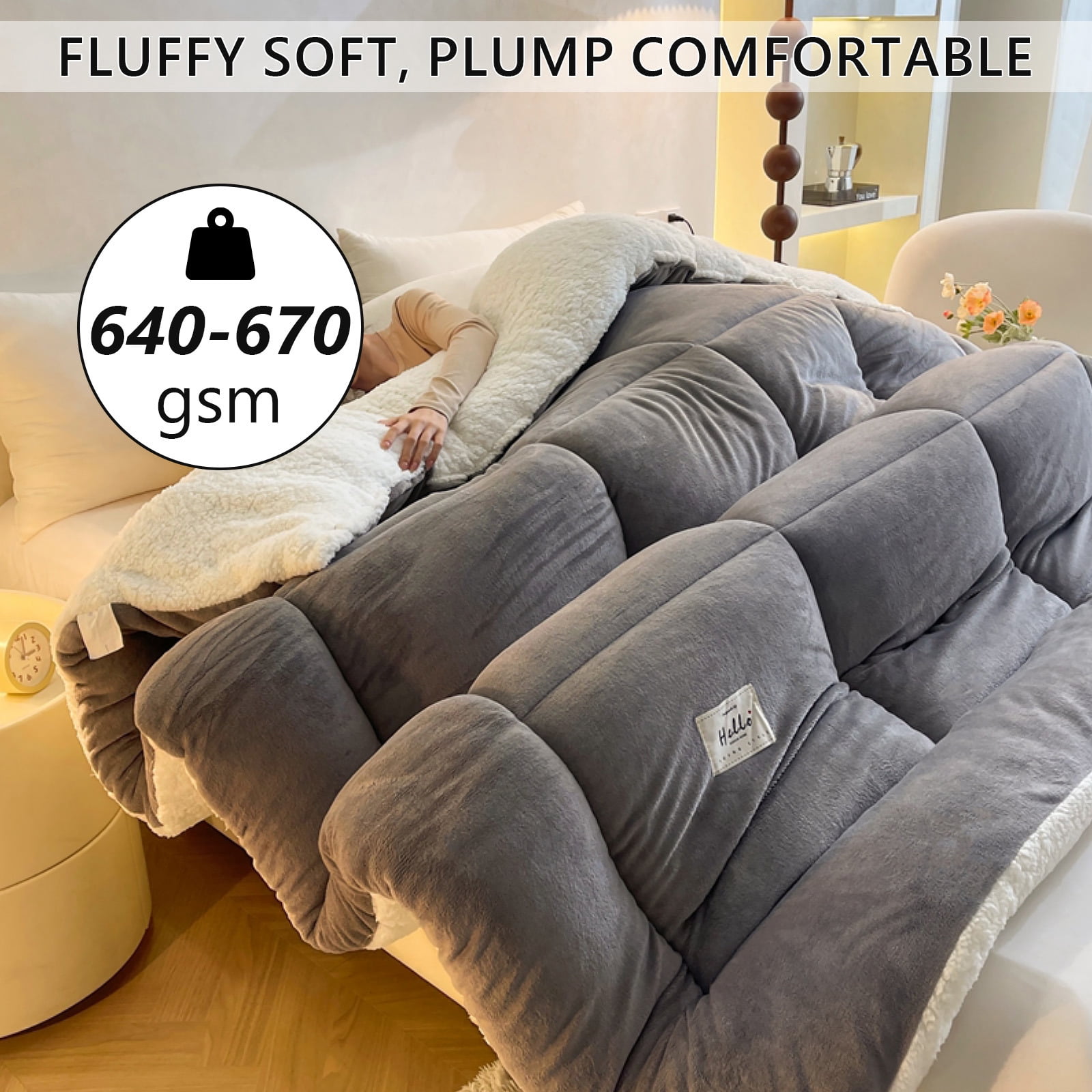 WOOW DEPOT Sherpa Fleece Full Size Comforter Reversible, 1 PCS, Heavy 6lbs Quilted Bedding Warm Cozy Machine Washable, Gray