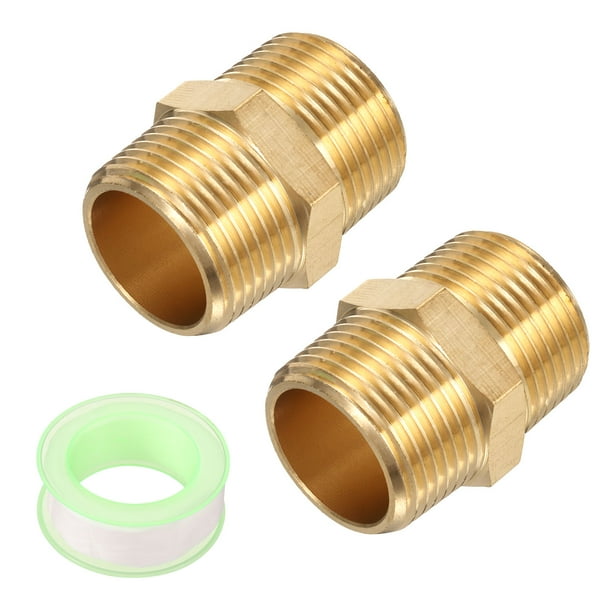 Uxcell 2pcs Niple Hexagonal de Latón, Adaptador de Tubo Roscado 3/4 NPT Macho x 3/4 NPT Macho con Cinta PTFE, Tono Dorado