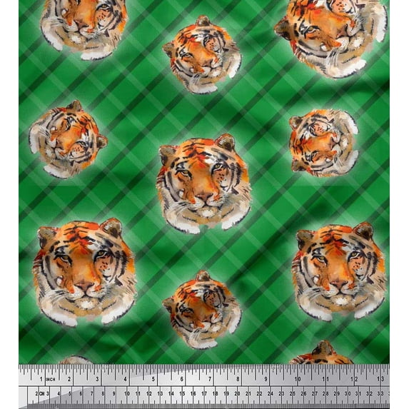 Soimoi Rayon Crepe Fabric Check & Tiger Face Animal Decor Fabric Printed Yard 46 Inch Wide
