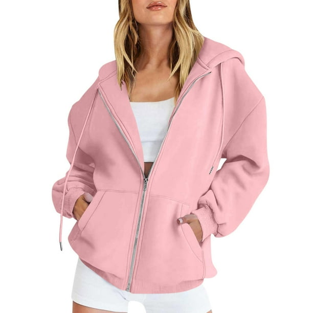 sudadera con capucha con cremallera de manga larga de color sólido de moda casual para mujer rosa / 3xl