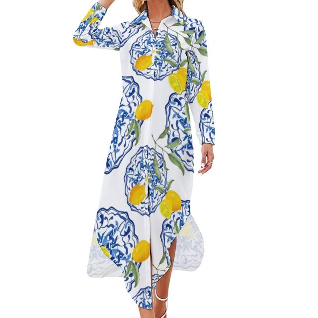 Robe Chemise à Manches Longues Motif Citron style Méditerranéen Fond Mosaïque Agrumes d'Été Simple Robe de Soirée pour Femmes