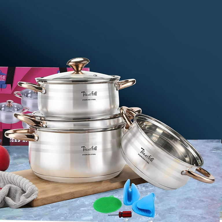 BAERFO baerfo 4 piece pots and pans set, cookware set - healthy pot sets  with stainless steel lids and handles - dishwasher safe