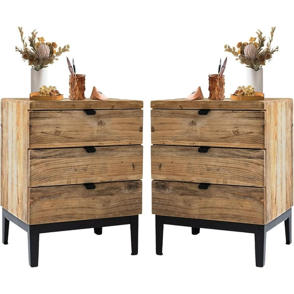 Wnutrees Farmhouse Nightstand Wood Bedside Table with 3-Drawers Bedside End Tables Storage for Living Room, Hallway, Handmade Distressed, Natural, Set of 2
