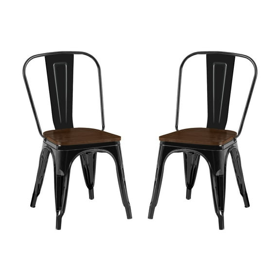 High Gloss Black with Walnut Wooden Seat Industrial Metal Dining Chairs 18 Inch Seat Height Stackable, Set of 2