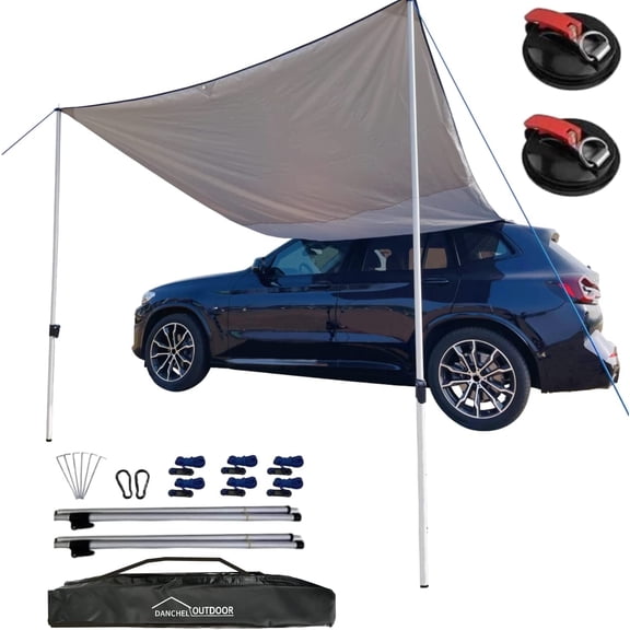 DANCHEL Outdoor 6.5ft x 9.8ft (2x3m) Gray Suction Cup Vehicle Side Awning without Roof Rack with Adjustable Rods Portable Waterproof Camping Awning for SUV/Van/Tent etc.