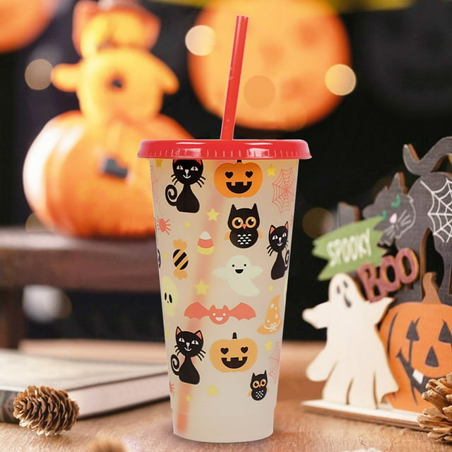CRCMUHE Glass&Bottle Halloween Color Changing Cups With Lids And 24oz Plastic Halloween Tumblers Set Halloween Party Cups Reusable Cups With Lids And For Halloween Party