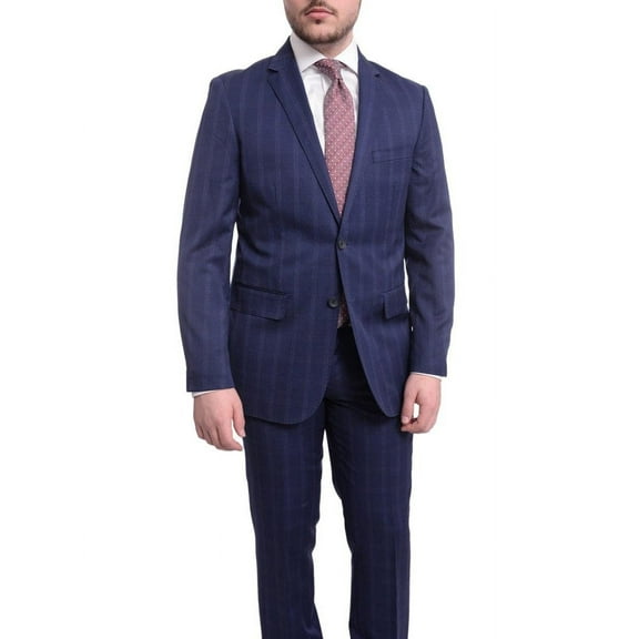 Mens Slim Fit Navy Blue With Blue & Maroon Windowpane Two Button Wool Suit