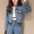 thumbnail image 2 of Mercatoo Teen Girls Crop Denim Jacket Solid Lapel Button Down Long Sleeve Outwear Windproof Casual Coat with Pockets, 2 of 8