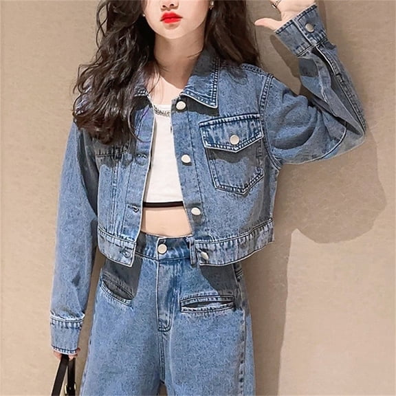 EnJoCho Teen Girls Crop Denim Jacket Solid Lapel Button Down Long Sleeve Windproof Casual Coat Pockets Outerwear Jean Jacket