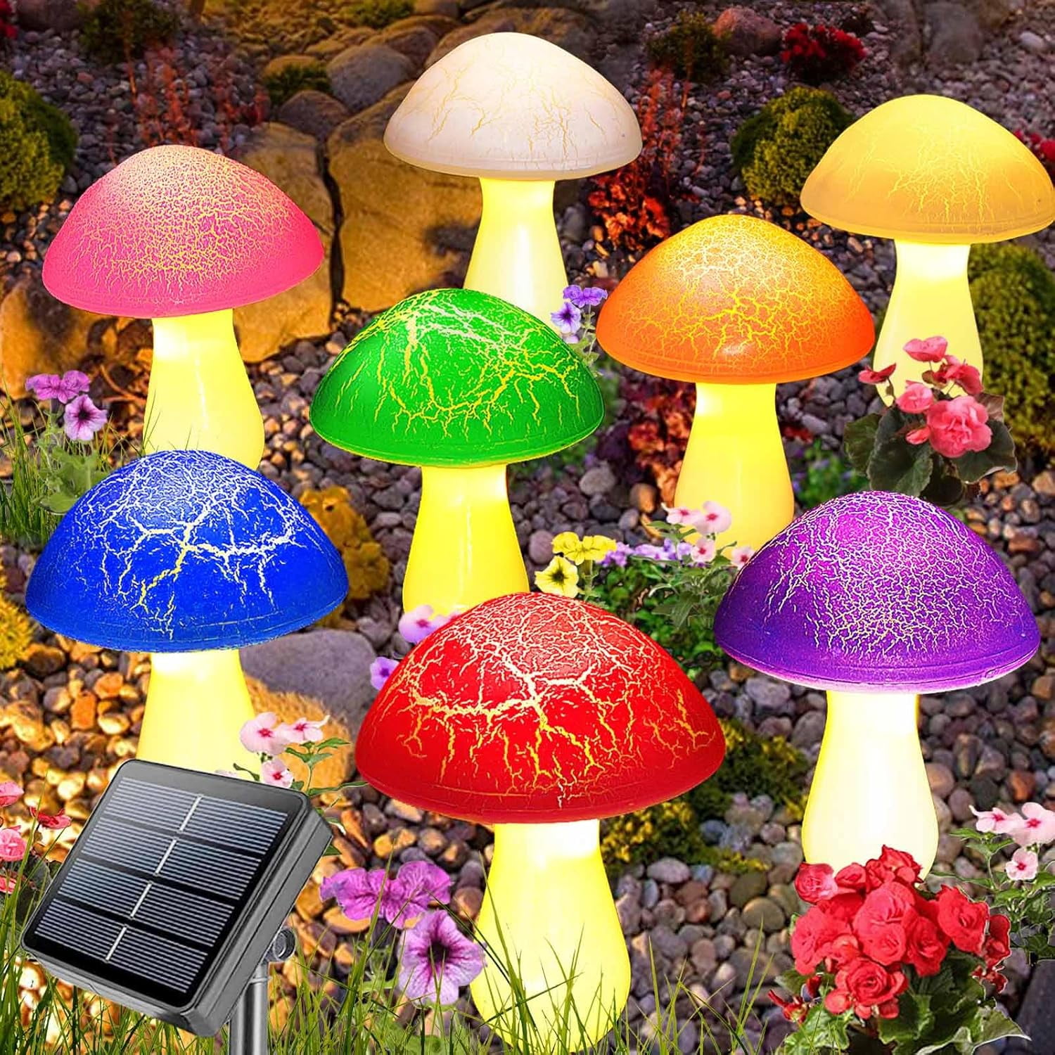 BIBEARBIBEAR 8-Pack Cracked Mushrooms for Garden Decor, Solar Mushroom Lights Outdoor, Super Cute Whimsical Garden Art for Yard Decor Gnome Flowerbed Housewarming Decor(Multicolored)