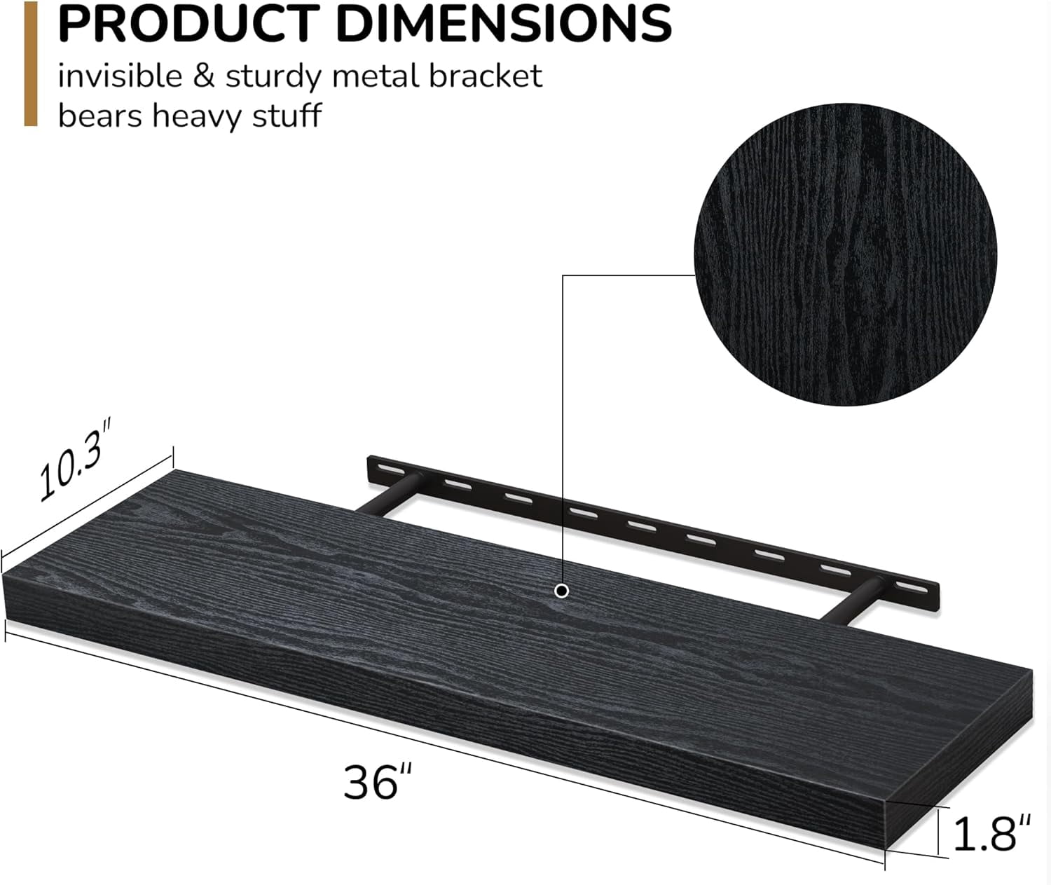 Floating Shelves - 10.23 Inch Deep Wall Shelf for Decor & Storage - Wall Mounted Display Shelving with Invisible Heavy-Duty Metal Bracket - 36" W x 10.23" D x 1.8" H - Set of 1 - Rustic Black