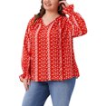 thumbnail image 4 of Agnes Orinda Women's Plus Size Tops Boho Drawstring Tassel Tie Notch Neck Flare Long Sleeve Casual Printed Blouses 1X Red, 4 of 6
