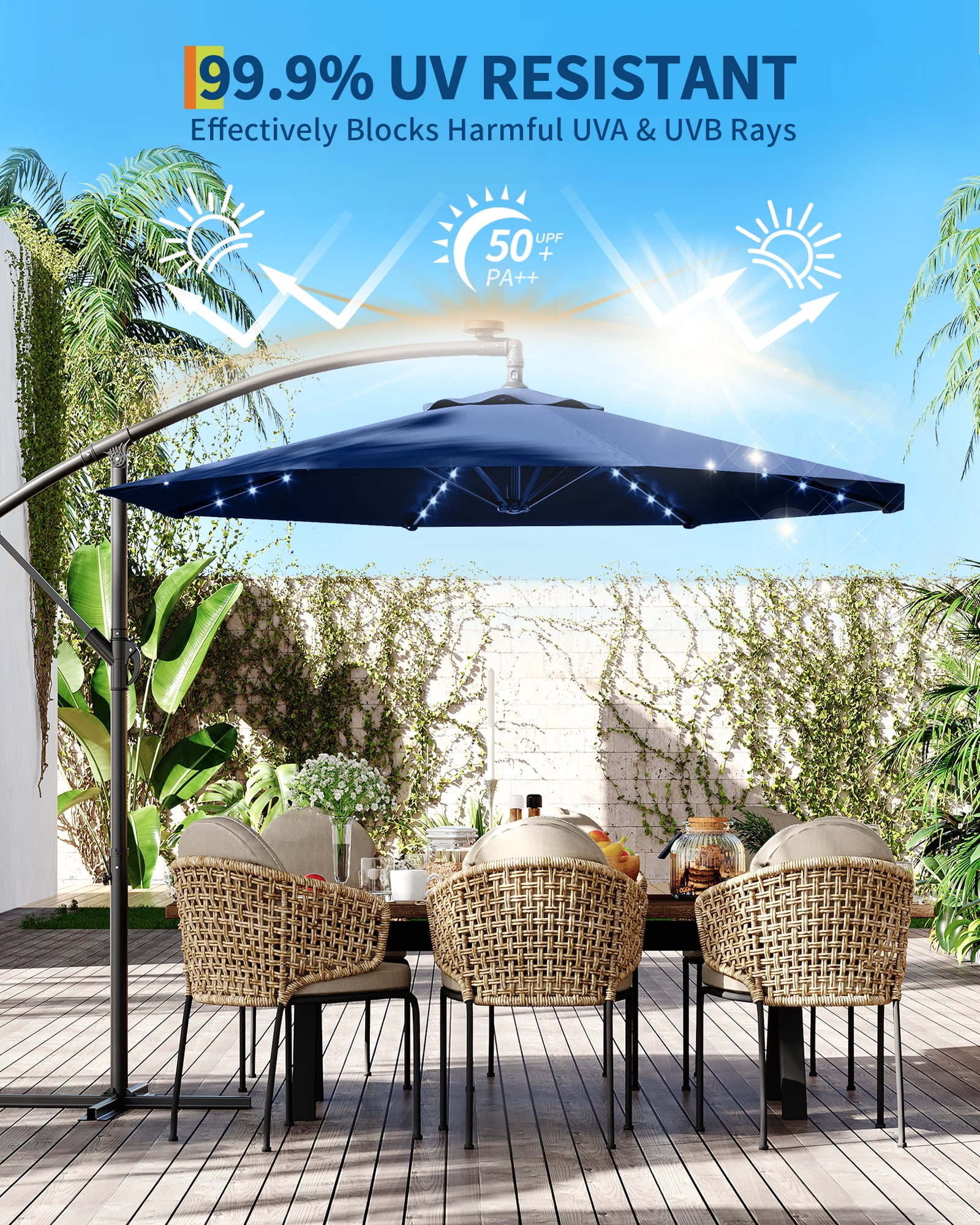 10ft Solar LED Offset Hanging Market Patio Umbrella for Backyard, Poolside, Lawn and Garden w/Easy Tilt Adjustment, UV Protection, Sturdy 8 Ribs - with 32 LED Lights