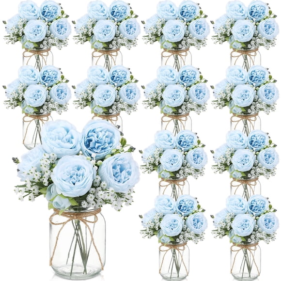 Zeyune 12 Sets Mason Jar Centerpiece Table Decorations, Artificial Peony Baby's Breath Flower Bouquets, Faux Flowers with Vase, R