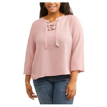 Juniors' Plus Long Sleeve Lace Up Woven Top With Grommet Detail