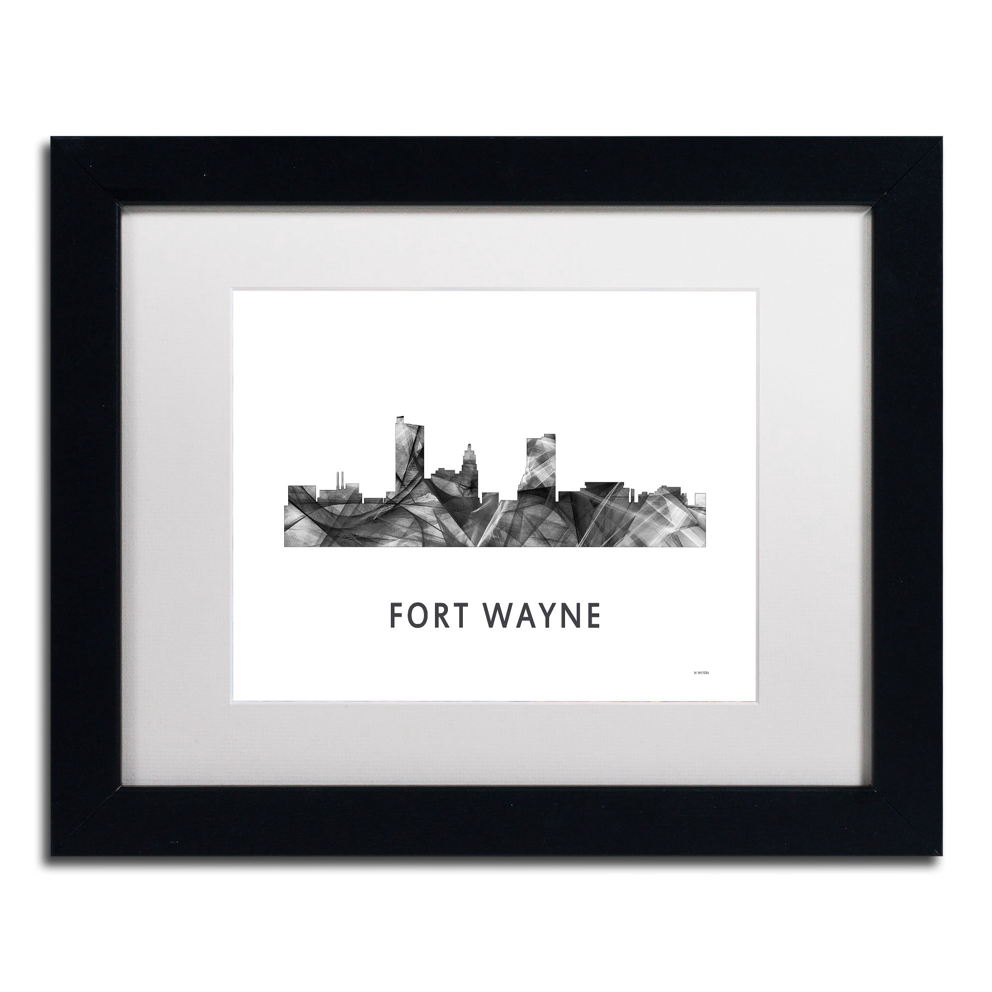 Trademark Fine Art 'Fort Wayne Indiana Skyline WB-BW' Canvas Art by Marlene Watson, White Matte, Black Frame