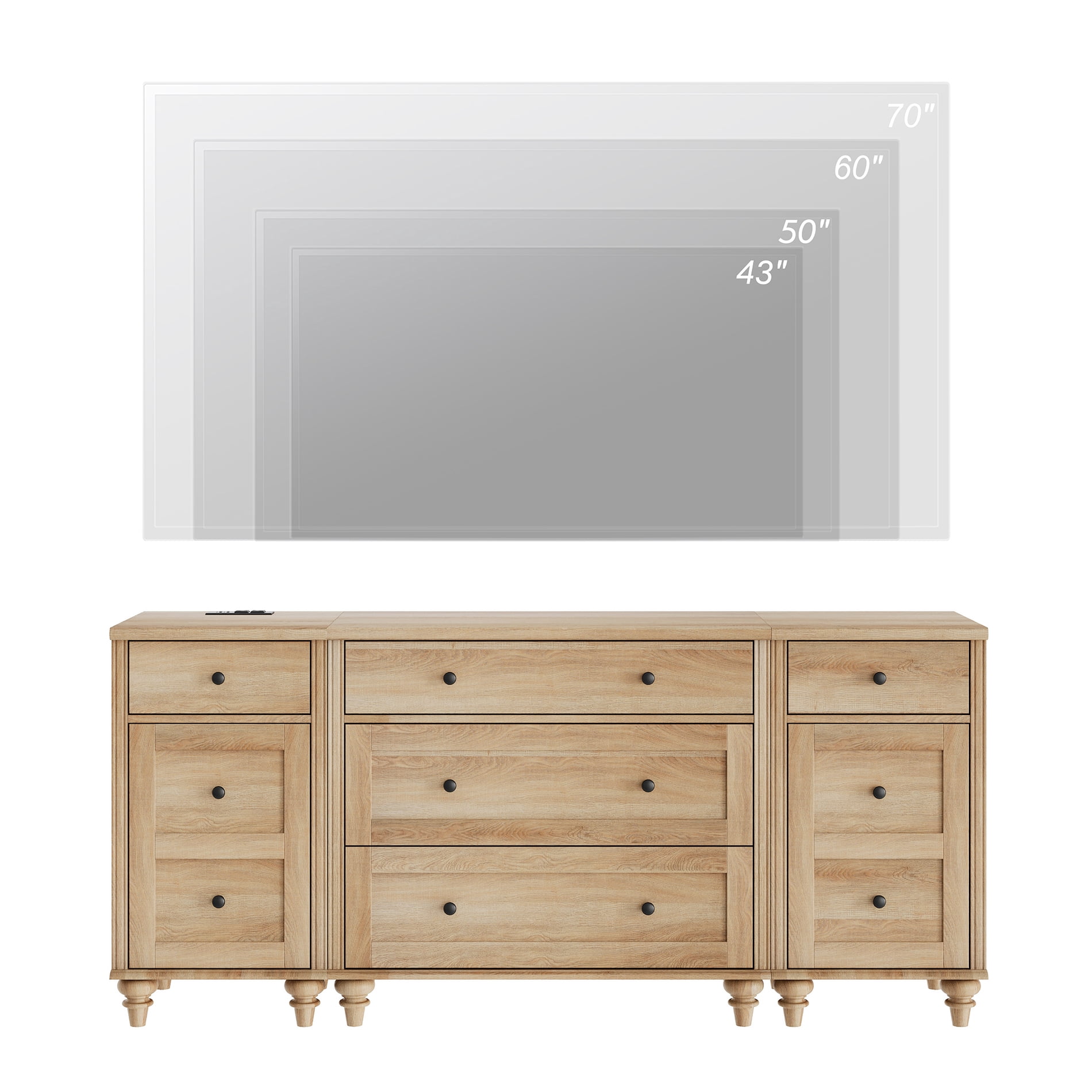 WAMPAT Modern TV Stand for 75 Inch TV, Dresser with 5 Drawers and 2 Doors, Wood Nightstands with Charging Station for Living Room Wood TV Console Table for 70 65 80 inch TV for Bedroom, Oak
