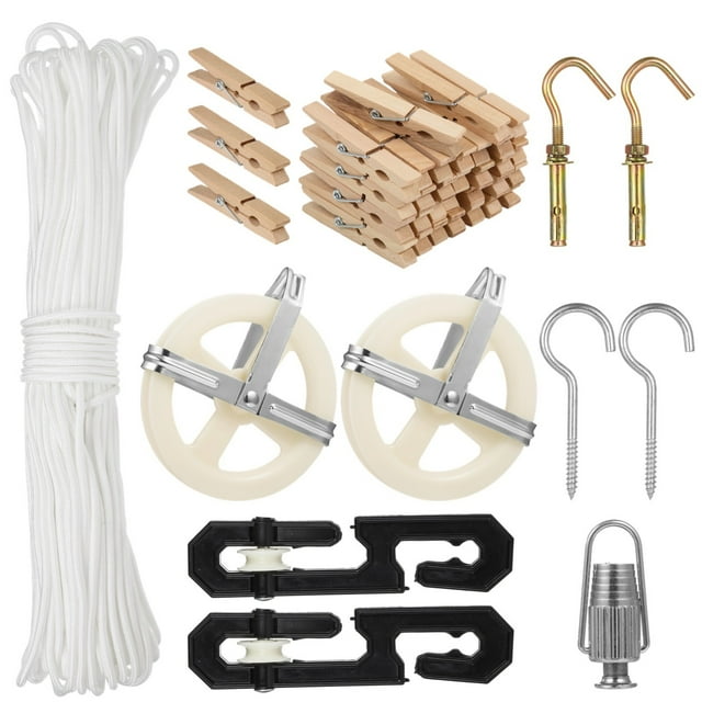 Essentials Laundry Clothesline Kit, Complete Laundry Hanging Tools Including 198 Ft Cotton Rope, Rustproof Pulleys Line Tightener Wall Hooks Plastic Spreaders for Outdoor Indoor Laundry Hanging