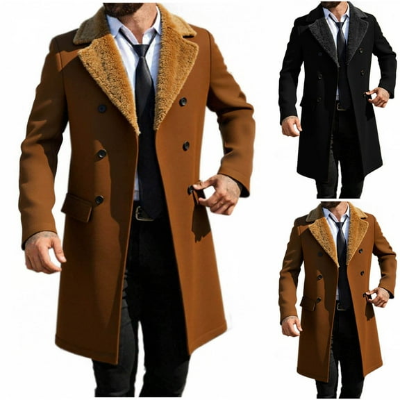 safuny Mens Trench Coat Double Breasted Notched Lapel Fleece Lined Jacket Slim Fall Winter Fuzzy Pea Coats Warm Overcoat Black L