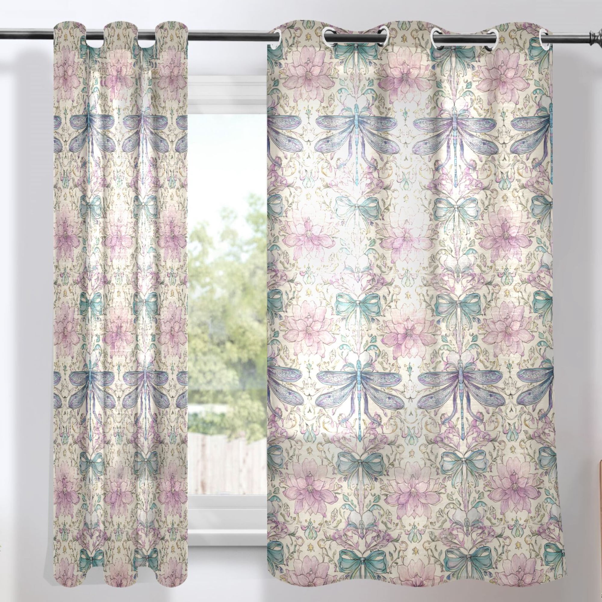 Dragonfly Flowers Bows Vintage Style Curtains Decorative Drapes Imitation Cotton Linen 2 Panels 63 x 42