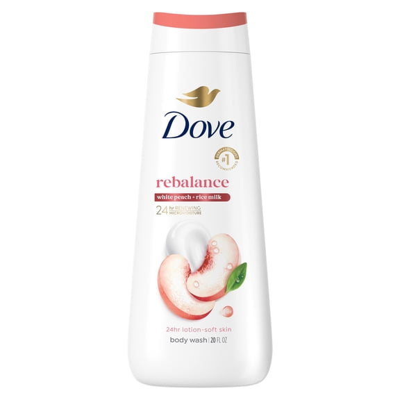 Dove Body Wash For 24hr Lotion-Soft Skin Rebalance White Peach & Rice Milk Moisturizing Skin Cleanser With No Sulfates No Parabens ,20 fl oz
