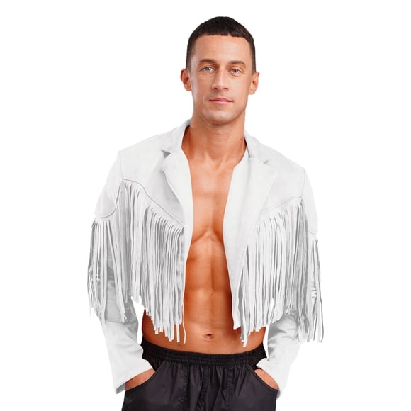 Aislor Mens Faux Suede Tassel Cropped Jackets Long Sleeve Open Front Hippie Cardigan Cowboy Outerwear White L