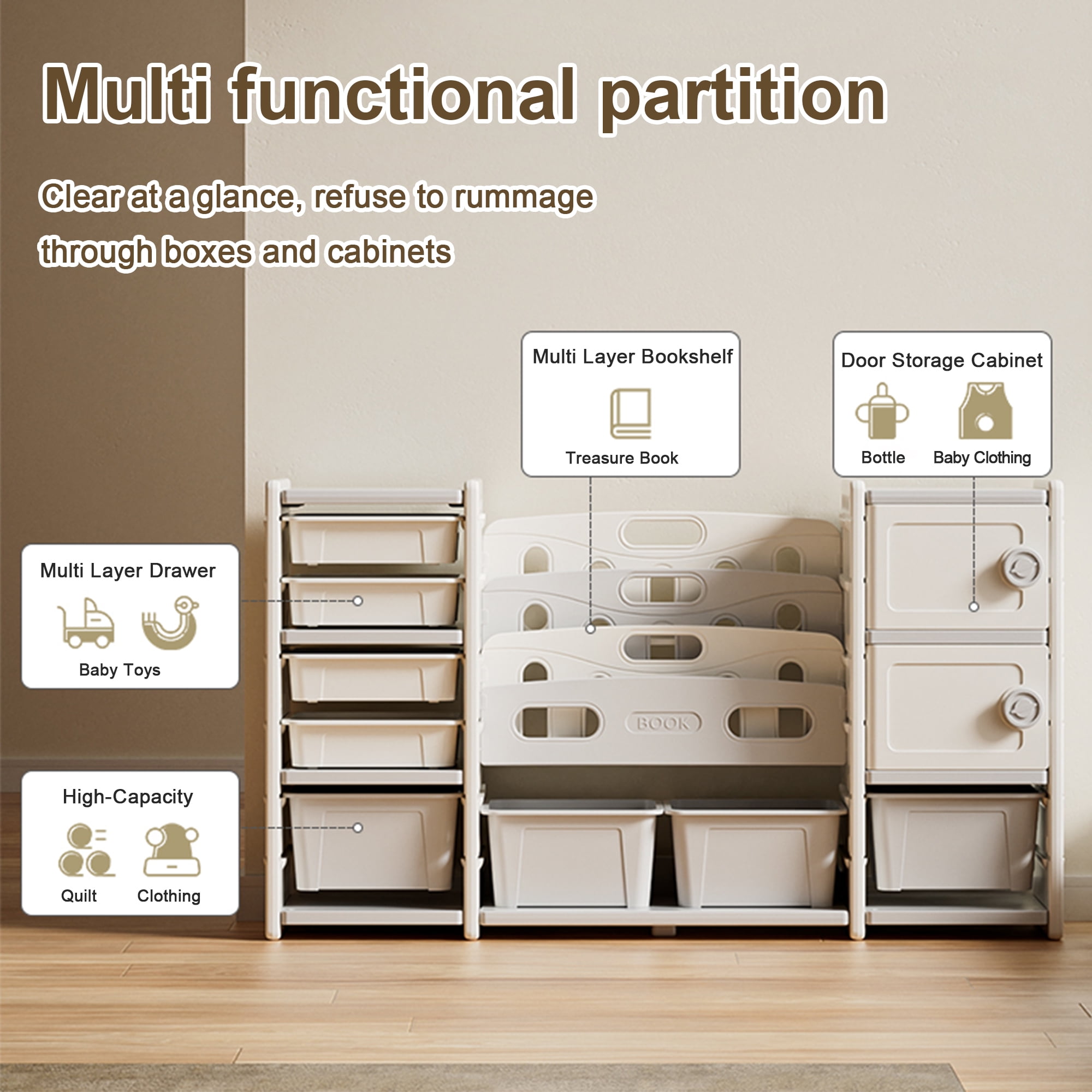 Kids Toy Storage Organizer 8 storage cabinet Removable Toy Bins, 4-Tier Book organizers Storage and 2 cabinet storage